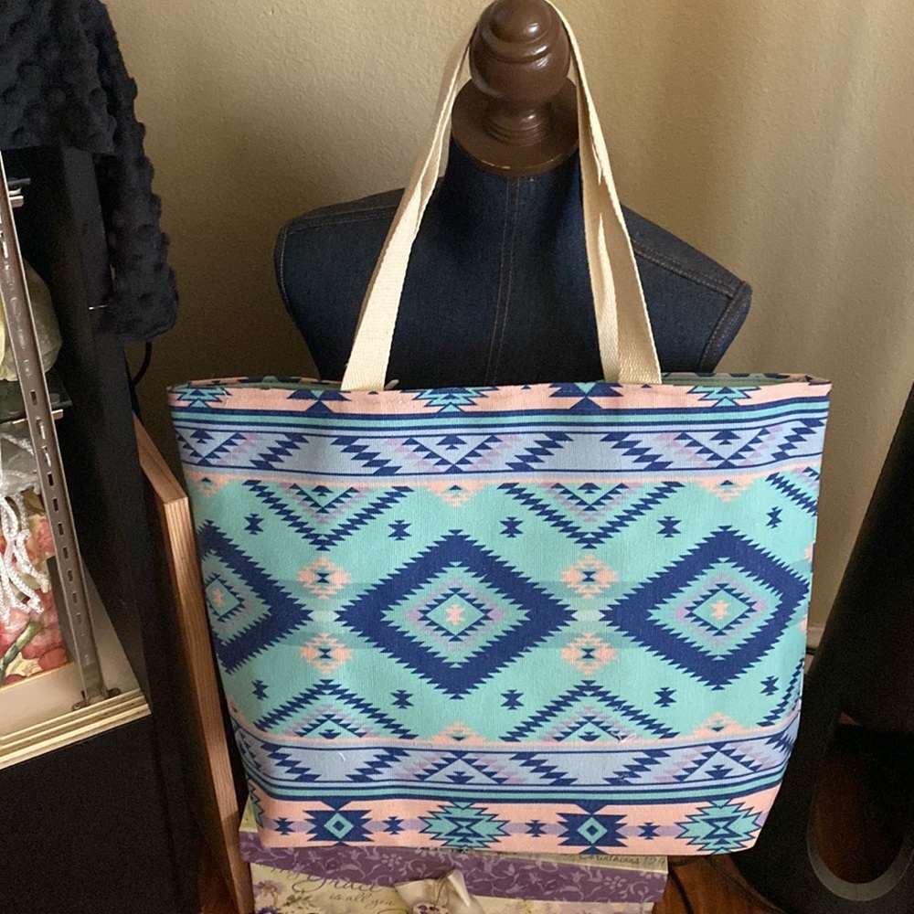 Turquoise Aztec large vacation/beach travel tote.